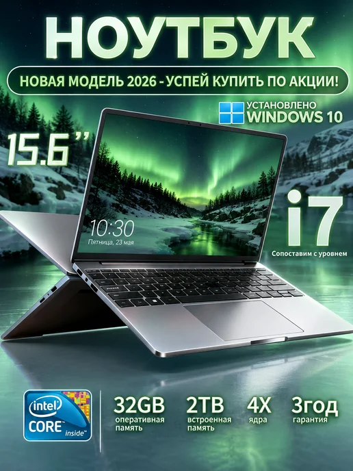 Ноутбук 32ГБ 2TБ Для Работы и Учебы Intel Windows 10 Pro.